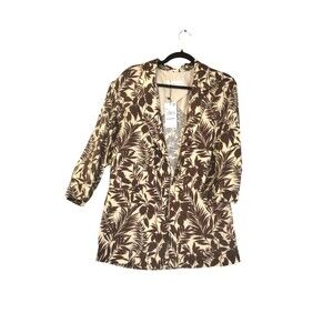 NWT Mango Blazer Women's XS Linen Blend Brown Tropical Hawaii Aloha Resort